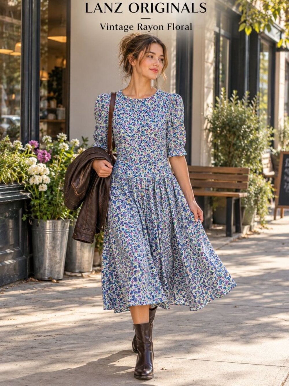 VTG 80s Lanz Originals Dress 12 Blue Floral Rayon Midi Cottagecore Prairie
